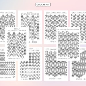May include: A printable savings challenge chart with different amounts to save each day. The chart is designed to help people save money over a period of time. The chart includes challenges for saving $25, $30, $40, $50, and $100 per day.