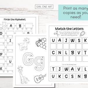 May include: Black and white printable worksheet for children to practise the alphabet. The worksheet includes a train with letter carriages, a goat, a giraffe, a guitar, grapes, and a dotted line letter G. The worksheet also includes a matching game with letters to cut out and glue.