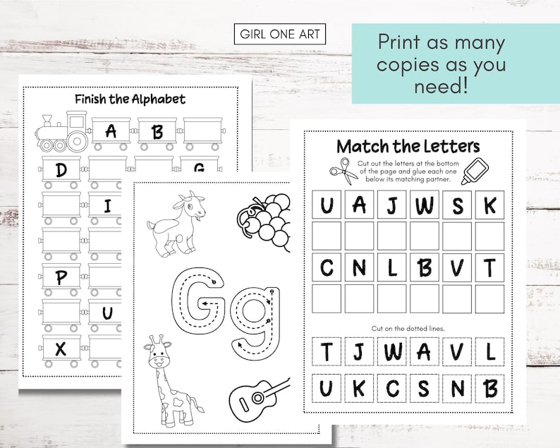 May include: Black and white printable worksheet for children to practise the alphabet. The worksheet includes a train with letter carriages, a goat, a giraffe, a guitar, grapes, and a dotted line letter G. The worksheet also includes a matching game with letters to cut out and glue.