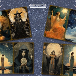May include: A collage of six images featuring women in various poses against a starry night sky background. The images depict women in different styles of clothing, including a witch, a woman in a long gown, and a woman in a flowing dress. The images are all set against a backdrop of stars and a moon.