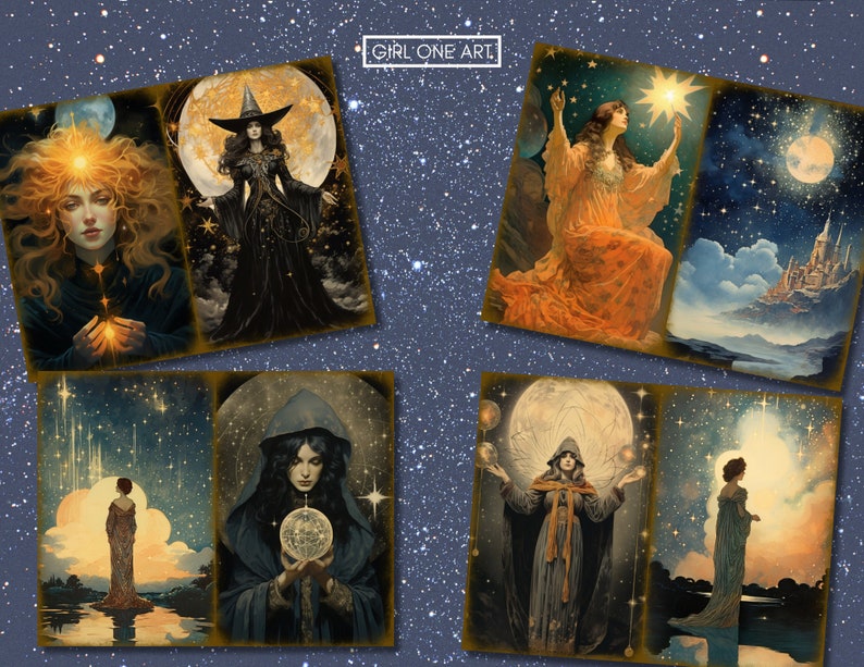May include: A collage of six images featuring women in various poses against a starry night sky background. The images depict women in different styles of clothing, including a witch, a woman in a long gown, and a woman in a flowing dress. The images are all set against a backdrop of stars and a moon.