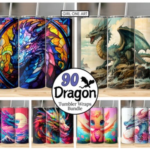 May include: A set of 90 dragon-themed tumbler wraps. The wraps feature a variety of colorful and detailed dragon designs, including stained glass, watercolor, and cartoon styles. The wraps are perfect for adding a unique touch to your tumblers.