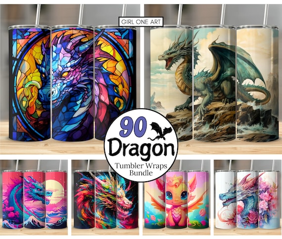 Dragon Tumbler Wrap Bundle 20oz Skinny Straight PNG Fantasy Magical Digital Mythical Creature Sublimation Watercolor Flower Stained Glass