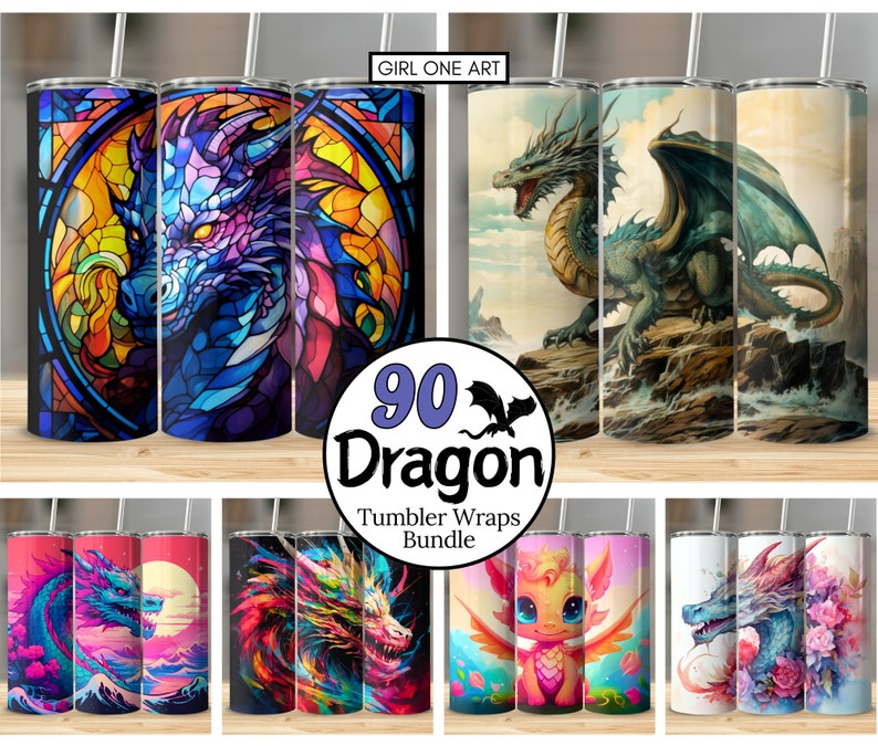 May include: A set of 90 dragon-themed tumbler wraps. The wraps feature a variety of colorful and detailed dragon designs, including stained glass, watercolor, and cartoon styles. The wraps are perfect for adding a unique touch to your tumblers.