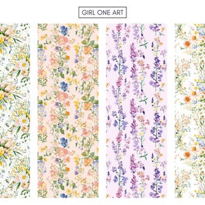 May include: Four vertical floral patterns with watercolor designs. The patterns feature various flowers in shades of white, yellow, pink, blue, and purple. The text "GIRL ONE ART" is at the top. These designs are suitable for fabric or wallpaper.
