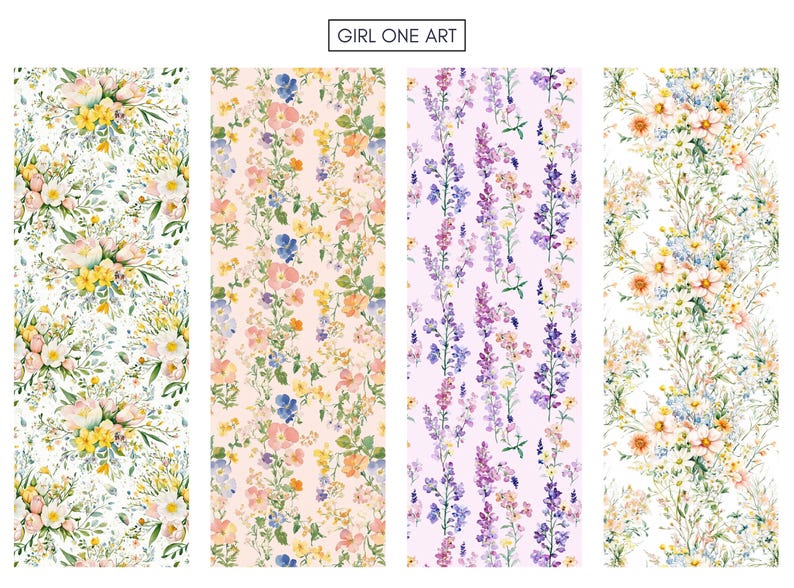 May include: Four vertical floral patterns with watercolor designs. The patterns feature various flowers in shades of white, yellow, pink, blue, and purple. The text "GIRL ONE ART" is at the top. These designs are suitable for fabric or wallpaper.