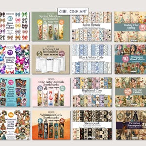 May include: A collage of digital paper packs and clipart bundles for crafting and scrapbooking. The packs feature various themes, including spring meadows, butterflies, baby animals, whimsical girls, boho florals, blue and white toile, highland cow, shabby chic spring, steampunk, and Victorian steampunk. Each pack includes a variety of digital papers and clipart images.