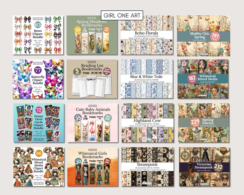 May include: A collage of digital paper packs and clipart bundles for crafting and scrapbooking. The packs feature various themes, including spring meadows, butterflies, baby animals, whimsical girls, boho florals, blue and white toile, highland cow, shabby chic spring, steampunk, and Victorian steampunk. Each pack includes a variety of digital papers and clipart images.