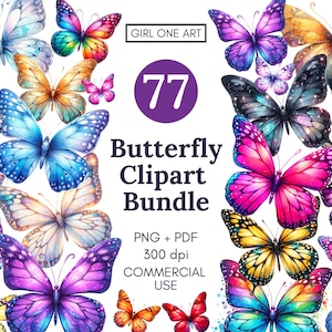 Watercolor Butterfly Clipart Bundle, Pink Purple Rainbow Butterflies, Fantasy Digital Paper, Junk Journal PNG
