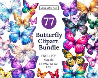 Watercolor Butterfly Clipart Bundle, Pink Purple Rainbow Butterflies, Fantasy Digital Paper, Junk Journal PNG
