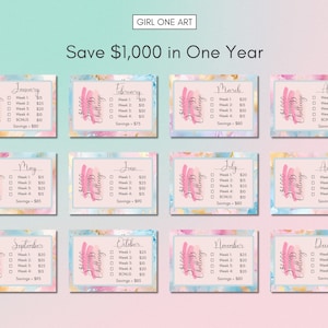May include: A printable 52-week savings challenge chart with a watercolor background. The chart is divided into 12 months, with each month having a different color scheme. Each month has a list of weeks with a dollar amount to save each week. The total savings for each month is listed at the bottom of the chart. The chart is titled "Save $1,000 in One Year".