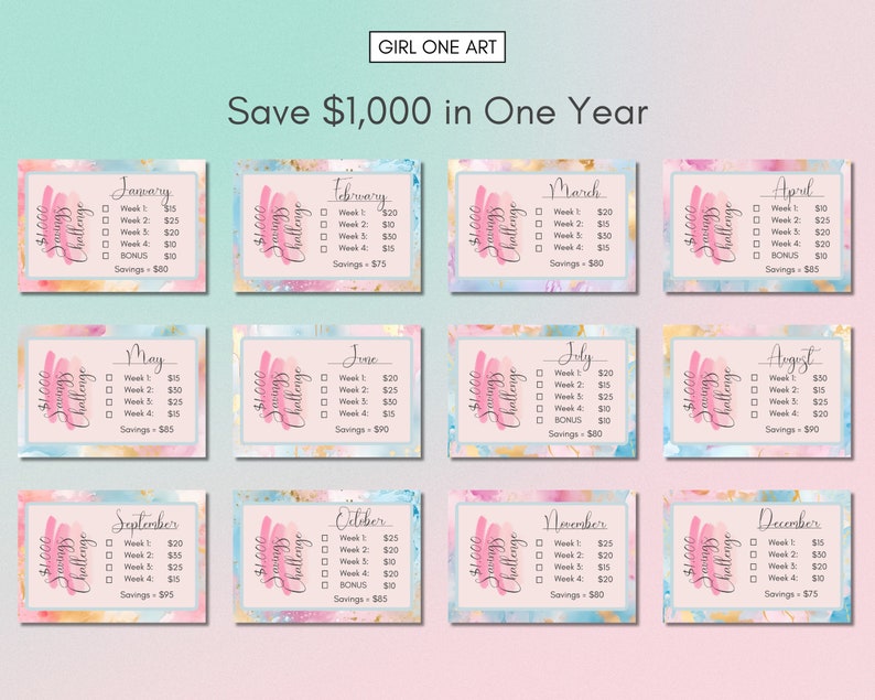 May include: A printable 52-week savings challenge chart with a watercolor background. The chart is divided into 12 months, with each month having a different color scheme. Each month has a list of weeks with a dollar amount to save each week. The total savings for each month is listed at the bottom of the chart. The chart is titled "Save $1,000 in One Year".
