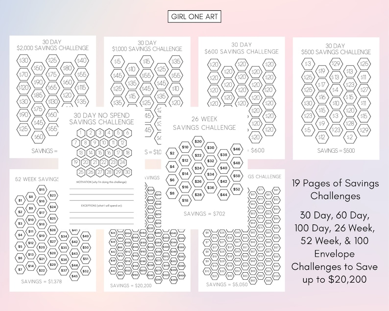 May include: A printable set of 19 pages of savings challenges to help you save money. The challenges include 30-day, 60-day, 100-day, 26-week, 52-week, and 100-envelope challenges to save up to $20,200.