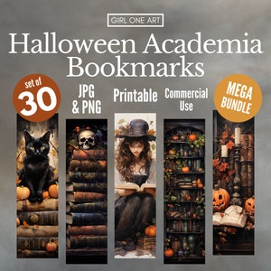Halloween Academia Printable Bookmarks Bundle Digital PNG JPG Sheet Vintage Grimoire Witch Junk Journal Goth Books Black Cat Gothic Ephemera