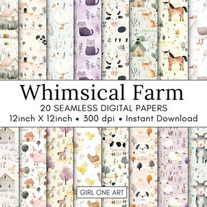 Skurril Bauernhof nahtlose Papier digitale Aquarell Boho Baby Kinderzimmer Tiere Cottagecore Blumenmuster niedlich Kuh Gans Ente Scheune Hintergrund