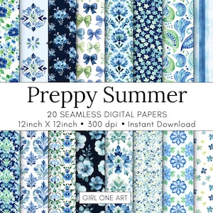 Preppy Summer Seamless Paper Printable Watercolor Blue White Coquette Grandmillenial Floral Wedding Invite Coastal Wallpaper Beach Journal
