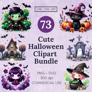 Słodkie Halloween Clipart Mega Bundle PNG SVG Komercyjne użycie Dynie Potwory Duch Nietoperz Wiedźma Wampir Czarny Kot Grafika Dekoracje świąteczne