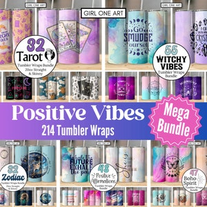 Pacote de embrulho de copo Mega Tumbler Positive Vibes 20oz Skinny Straight Tarot Mystical Zodiac Witch Digital Sublimation Boho Celestial Affirmation PNG