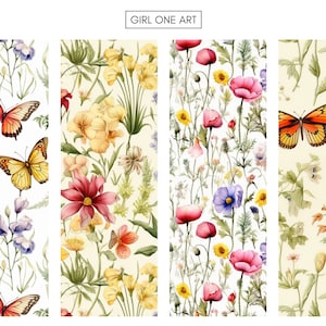 May include: Four seamless patterns featuring watercolor illustrations of butterflies and flowers. The patterns are on a cream background and include yellow, pink, red, blue, and green colors.