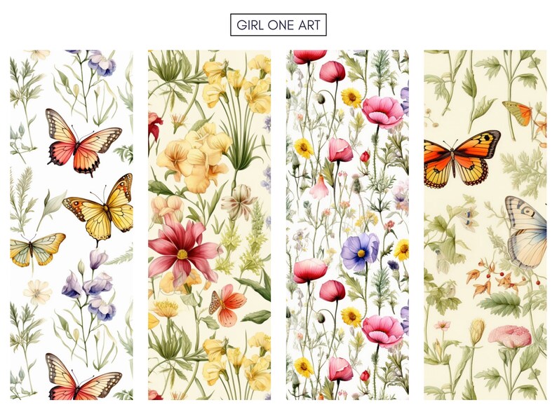 May include: Four seamless patterns featuring watercolor illustrations of butterflies and flowers. The patterns are on a cream background and include yellow, pink, red, blue, and green colors.