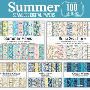 May include: A digital paper pack with 100 summer-themed patterns. The pack includes 20 patterns each of summer vibes, boho seashore, whimsical ocean, Mediterranean summer, and ocean waves. Each pattern is 12 inches by 12 inches and 300 dpi.