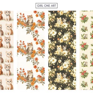 May include: A digital collage featuring four different patterns. Each pattern features a repeating design of cats and flowers. The first pattern features a white background with orange and yellow flowers and brown and white cats. The second pattern features a white background with orange and yellow flowers and brown and white cats. The third pattern features a dark green background with white flowers and brown and white cats. The fourth pattern features a light yellow background with red flowers and brown and white cats.