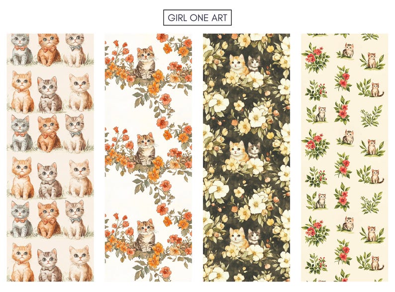 May include: A digital collage featuring four different patterns. Each pattern features a repeating design of cats and flowers. The first pattern features a white background with orange and yellow flowers and brown and white cats. The second pattern features a white background with orange and yellow flowers and brown and white cats. The third pattern features a dark green background with white flowers and brown and white cats. The fourth pattern features a light yellow background with red flowers and brown and white cats.