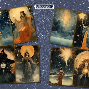 May include: A set of six vintage-style illustrations featuring women in various poses with celestial imagery, including stars, moons, and constellations. The illustrations are in a dark blue, gold, and white color scheme.