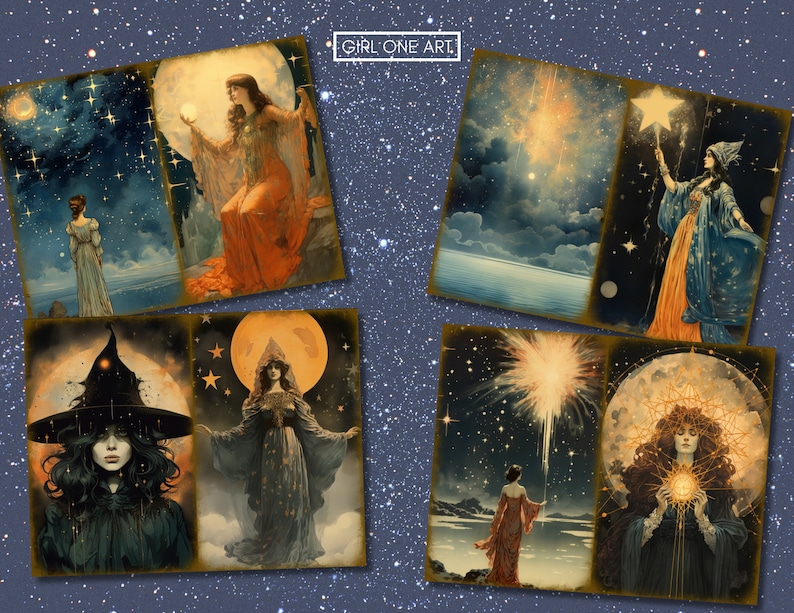 May include: A set of six vintage-style illustrations featuring women in various poses with celestial imagery, including stars, moons, and constellations. The illustrations are in a dark blue, gold, and white color scheme.
