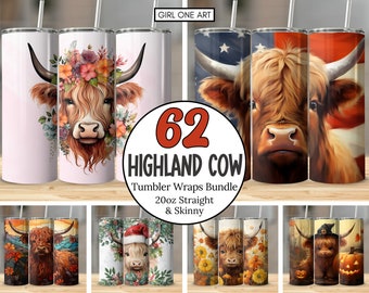 Highland Cow Tumbler Wrap Bundle 20oz Skinny & Straight Tumbler Highland Cow PNG Sublimation Design Digital Download Western Christmas Gift
