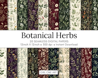 May include: A collection of 20 seamless digital papers featuring botanical herb designs. Each paper measures 12 inches by 12 inches and has a resolution of 300 dpi. The image includes the text "Botanical Herbs" and "Instant Download".