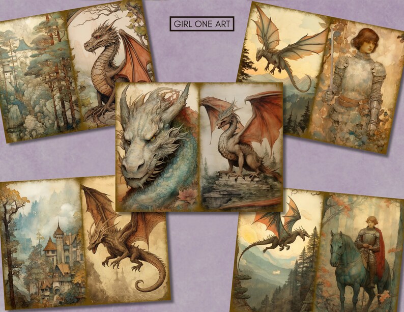May include: A collage of digital art prints featuring dragons and knights. The prints are in a vintage style with a faded, aged look. The prints feature a variety of dragons, including a green dragon with red wings, a red dragon with gold wings, and a black dragon with blue wings. The prints also feature knights in armor, riding horses, and fighting dragons.