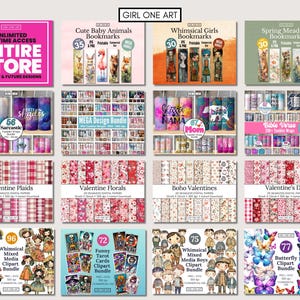 Puede incluir: Un collage de productos digitales a la venta, incluyendo marcadores, envolturas para vasos, patrones sin costuras y clipart. Los productos presentan una variedad de temas, incluyendo animales beb&eacute;s, chicas caprichosas, prados primaverales, el D&iacute;a de San Valent&iacute;n, y m&aacute;s. El texto "GIRL ONE ART" est&aacute; en la parte superior de la imagen.