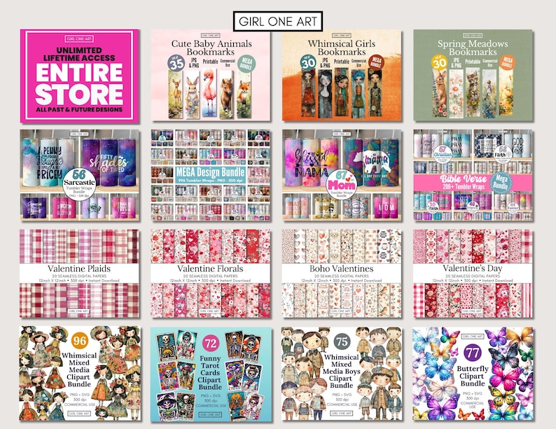 Puede incluir: Un collage de productos digitales a la venta, incluyendo marcadores, envolturas para vasos, patrones sin costuras y clipart. Los productos presentan una variedad de temas, incluyendo animales beb&eacute;s, chicas caprichosas, prados primaverales, el D&iacute;a de San Valent&iacute;n, y m&aacute;s. El texto "GIRL ONE ART" est&aacute; en la parte superior de la imagen.
