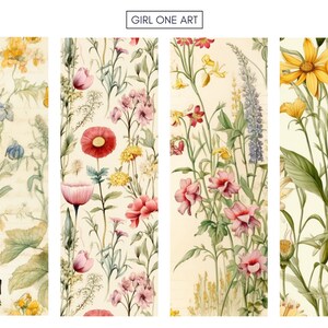 May include: A digital collage of four different floral patterns. Each pattern features a variety of flowers in shades of pink, red, yellow, and blue, with green leaves and stems. The background is a light cream color.