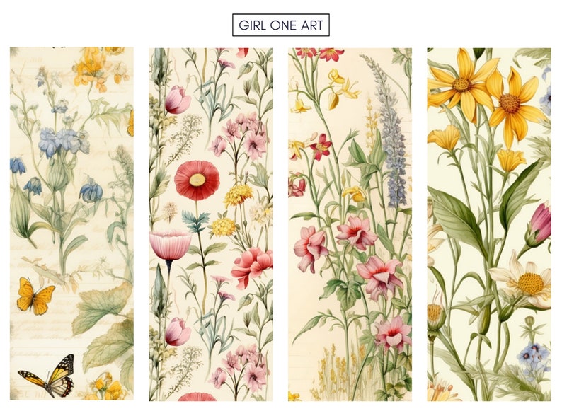 May include: A digital collage of four different floral patterns. Each pattern features a variety of flowers in shades of pink, red, yellow, and blue, with green leaves and stems. The background is a light cream color.