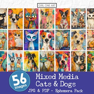 Mixed Media Cats & Dogs Ephemera Pack Whimsical Cat Junk Journal Stampabile ATC Colorful Hippie Scrapbook Papers Digi Kit Carta da parati astratta