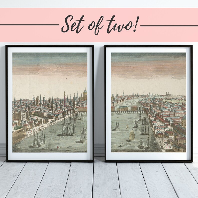 Wall Art, London on the Thames Set of 2 Digital Cityscape Prints 18th c. European Architecture image 1