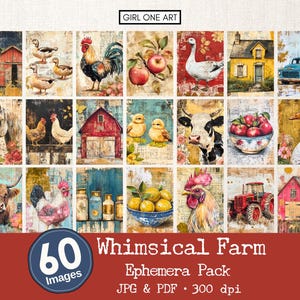 Pacchetto di effimeri Whimsical Farm, diario di scarto stampabile, ATC Vintage, rustico, pollo, mucca, carta da parati Cottagecore Digi Kit, carta da parati astratta