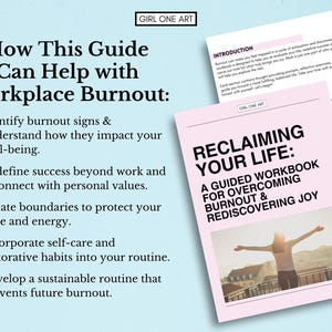 May include: Pink and white guide with the title "Reclaiming Your Life: A Guided Workbook for Overcoming Burnout & Rediscovering Joy". The guide features a woman with her arms outstretched, standing on a balcony overlooking a city.