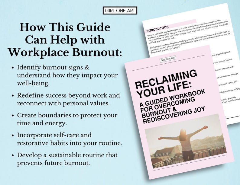 May include: Pink and white guide with the title "Reclaiming Your Life: A Guided Workbook for Overcoming Burnout & Rediscovering Joy". The guide features a woman with her arms outstretched, standing on a balcony overlooking a city.
