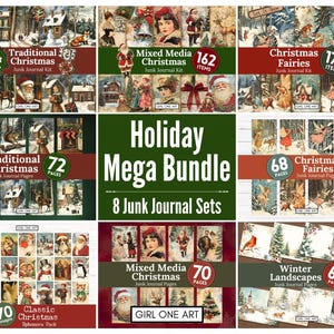 Christmas Junk Journal Kits Mega Bundle Printable Ephemera Seamless Paper ATC Cards Junk Journal Pages Santa Winter Village Woodland Animals