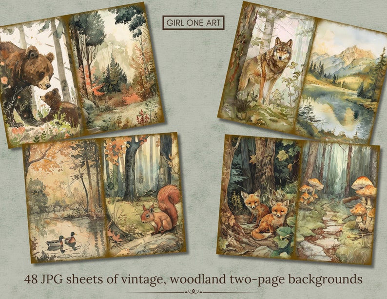 Woodland Junk Journal Kit Digital Download Scrapbook Paper Forest Fairy Collage Sheets Fox Bear Deer Ephemera Printable Backgrounds JPG image 3