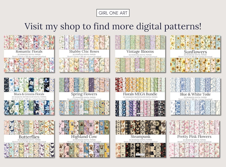 May include: A collage of 12 digital paper packs featuring various floral patterns, including romantic florals, shabby chic roses, vintage blooms, sunflowers, blues and greens florals, spring flowers, florals mega bundle, blue and white toile, butterflies, highland cow, steampunk, and pretty pink flowers. Each pack contains 20 seamless digital papers, 12 inches by 12 inches, 300 dpi.
