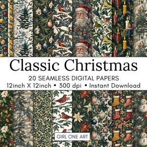 Pacchetto di carta stampabile natalizia classica JPG Seamless Winter Junk Journal Vintage Woodland Flowers Scrapbook Patterns Sfondi di Babbo Natale