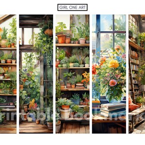 Peut inclure: Une peinture &agrave; l'aquarelle d'une serre avec des &eacute;tag&egrave;res remplies de plantes et de fleurs. La peinture est divis&eacute;e en quatre sections, chacune montrant une partie diff&eacute;rente de la serre. La premi&egrave;re section montre une &eacute;tag&egrave;re avec une vari&eacute;t&eacute; de plantes, y compris des foug&egrave;res, des succulentes et des cactus. La deuxi&egrave;me section montre une fen&ecirc;tre avec une vue sur un jardin &agrave; l'ext&eacute;rieur. La troisi&egrave;me section montre une &eacute;tag&egrave;re avec une vari&eacute;t&eacute; de fleurs, y compris des roses, des lys et des marguerites. La quatri&egrave;me section montre une &eacute;tag&egrave;re avec une vari&eacute;t&eacute; de livres et une lampe.