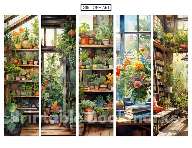 Peut inclure: Une peinture &agrave; l'aquarelle d'une serre avec des &eacute;tag&egrave;res remplies de plantes et de fleurs. La peinture est divis&eacute;e en quatre sections, chacune montrant une partie diff&eacute;rente de la serre. La premi&egrave;re section montre une &eacute;tag&egrave;re avec une vari&eacute;t&eacute; de plantes, y compris des foug&egrave;res, des succulentes et des cactus. La deuxi&egrave;me section montre une fen&ecirc;tre avec une vue sur un jardin &agrave; l'ext&eacute;rieur. La troisi&egrave;me section montre une &eacute;tag&egrave;re avec une vari&eacute;t&eacute; de fleurs, y compris des roses, des lys et des marguerites. La quatri&egrave;me section montre une &eacute;tag&egrave;re avec une vari&eacute;t&eacute; de livres et une lampe.