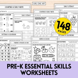 May include: Pre-K essential skills worksheets with 148 pages. The worksheets cover counting, early math, early literacy, patterns, shapes, and colors. The worksheets have black and white illustrations and text, with the text "PRE-K ESSENTIAL SKILLS WORKSHEETS".