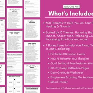 May include: A collection of printable worksheets and affirmation cards. The image includes the text "GIRL ONE ART" and "What's Included:" followed by a list of prompts, themes, and bonus items for personal growth and healing.