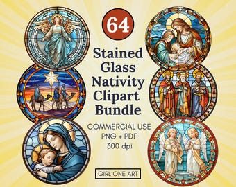 Stained Glass Nativity Clipart Set PNG PDF Commercial Use Digital Design Christmas Party Invitation Bible Ornaments Clip Art Sublimation